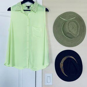 Forever 21 Y2K Neon Highlighter Yellow Sheer Sleeveless Button-Up Blouse Size L